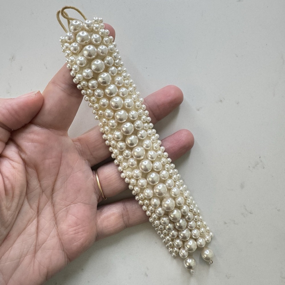 Vintage Faux Pearl Bracelet Multi Strand Cuff Off White Satin Back Quiet Luxury